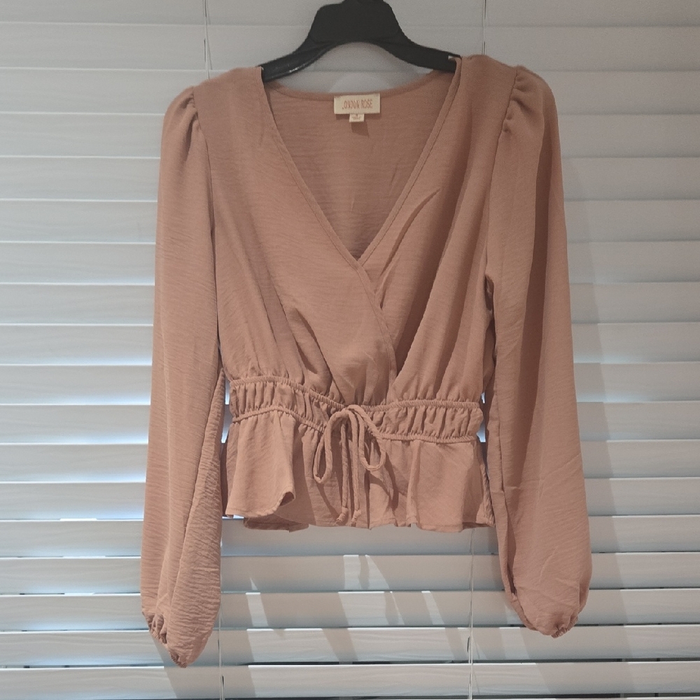 Juniors Mauve-Pink Wrap Peplum Blouse with Tie Waist